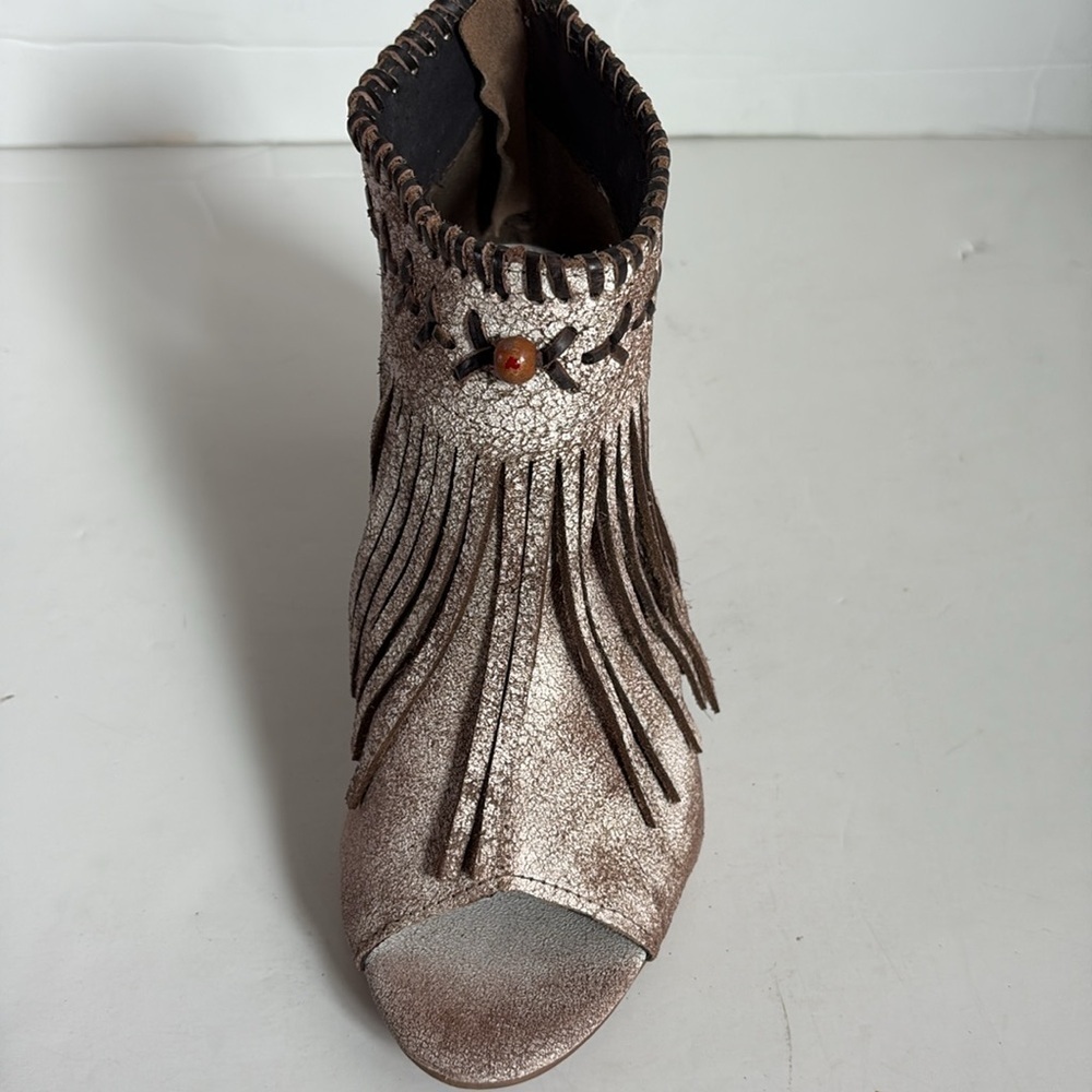 Roper vintage style suede beige w fringe fashion open toe sandal stacked heel - Picture 8 of 16